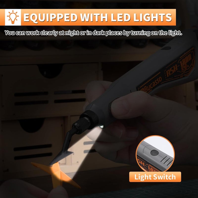Bucasso Reciprocating Sander, Variable Speed and USB Charging with LED Light, Pen Sander With 6pcs Sanding Head, Fit for Sanding, Polishing, Finishing, DIY Crafts (Grey) - Image 5